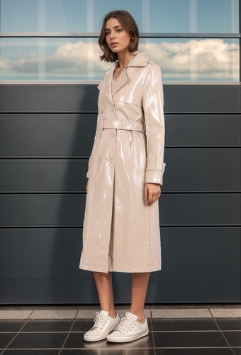 Trenchcoat aus Vinyl Damen Mittellanger Mantel mit Gürtel . Übergangsjacke Gr. M - Bild 6 von 9