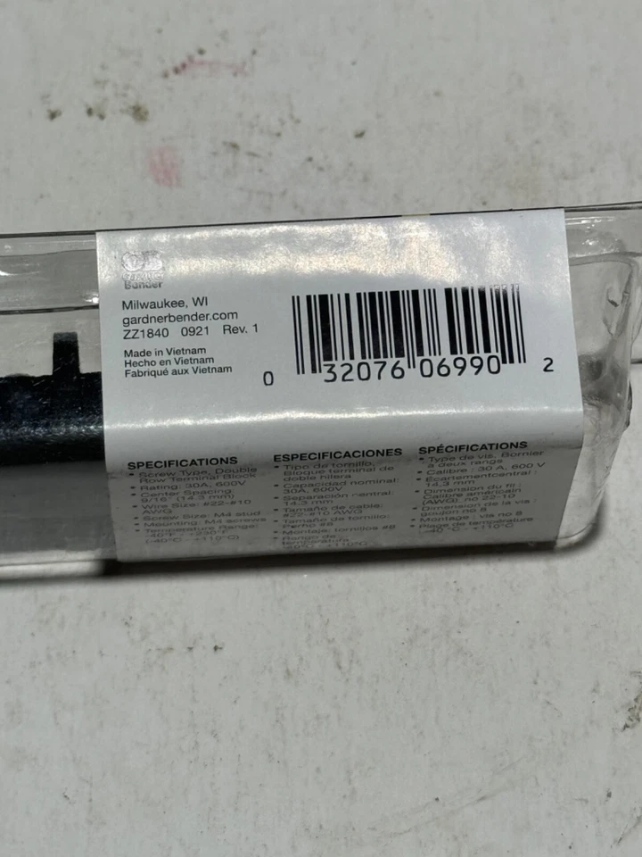 Gardner Bender GTB-408 22-10 AWG 30A Double Row 8 Circuit Terminal Block - Image 3 of 4