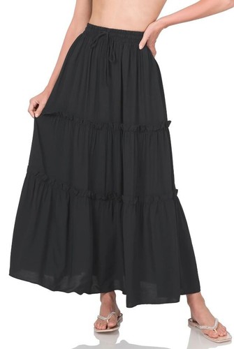 Zenana 3X BLACK Ruffle Tiered Rayon Drawstring Elastic Long Maxi Skirt