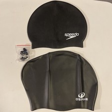 Lot of 1 Speedo Elastomeric Silicone and 1 DSANE Black Swim Caps Read Descrip