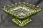 Vintage Green Indiana Glass Diamond Shaped Candy Dish w/Floral Design ~ Pretty!