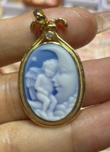 F18 Engel IN Moon Cameo Pearl Blue Agate Pendant Silver 925 Gold Plated - Bild 1 von 1