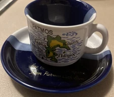 VTG  Greek  Cup & Saucer Blue And White From Patmos With Love Souvenir