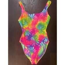 Kathy Ireland Vintage 90s Neon Rainbow Crinkle Tie Dye One Piece Swimsuit 9/10