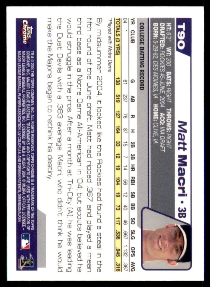 2004 Topps Chrome Traded & Rookies - Matt Macri #T90 (RC) - Image 2 of 2