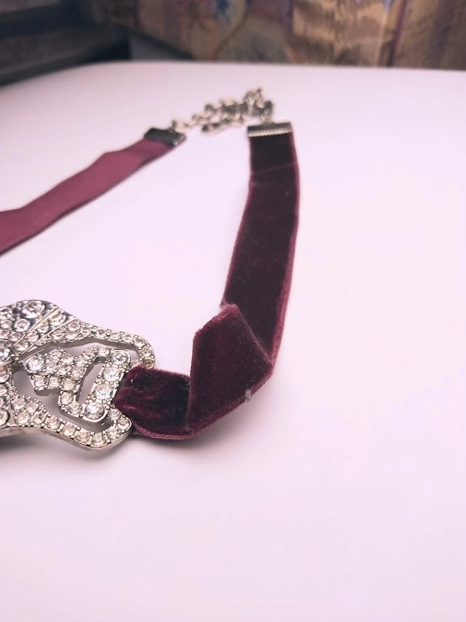 Silver Plate & Velvet Choker Collar Necklace Burgundy Gothic Halloween Retro 90s - Image 4 of 4