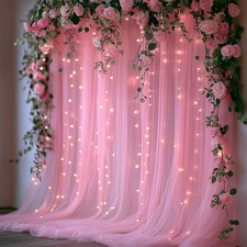10x10ft Pink Tulle Backdrop Curtain with Lights String Sheer Drapes for Baby ...