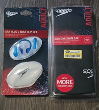 Speedo Adult Silicone Swim Cap, Ear Plug  Nose Clip Set - Black, Blue