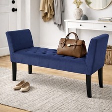 Panca Blu con Piedi in Legno e Rivestimento Velluto Camera da Letto Ingresso