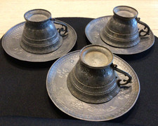 Antique Pewter Cup Saucer, Child's toy, Decorated Windmill, Boat, Water Scenes