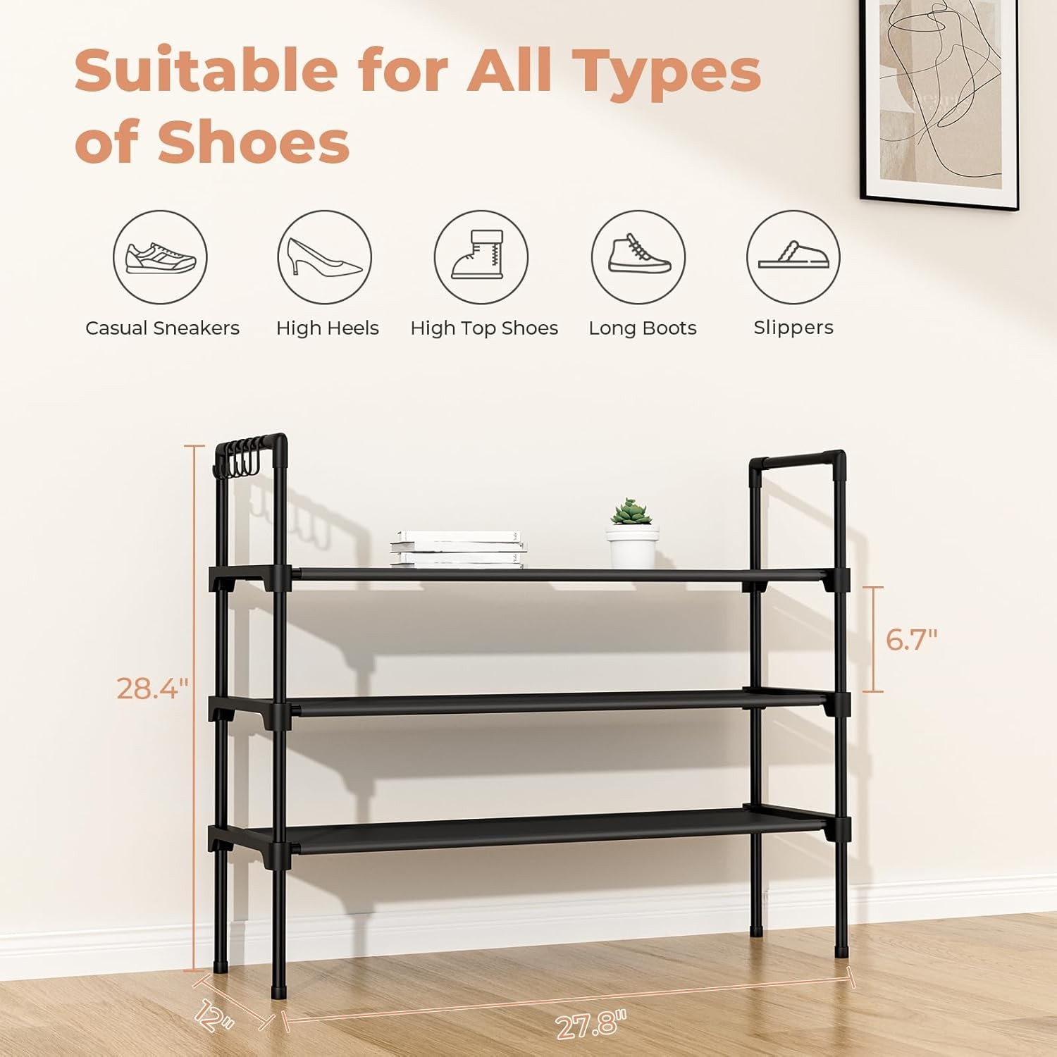 3 Tier Shoe Rack for Closet, Shoe Organizer with 5 Hooks, Long Shoe Shelf Storag