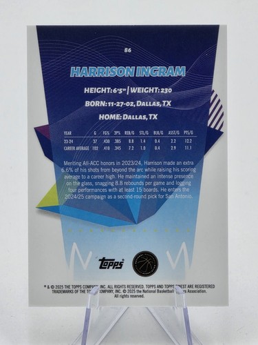 2024-25 Topps Finest Basketball - Harrison Ingram #86 (RC) - Picture 2 of 2