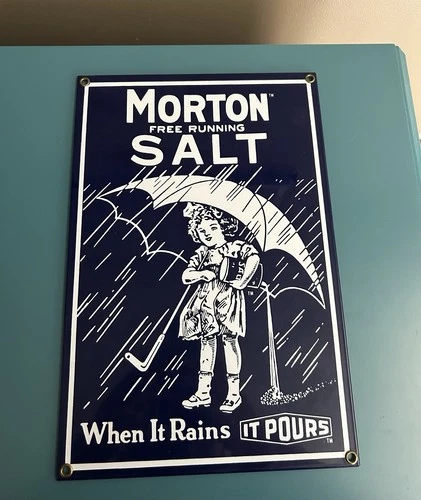Vintage Morton Salt Advertising Metal Wall Sign- When It Rains It Pours 12" x 8"