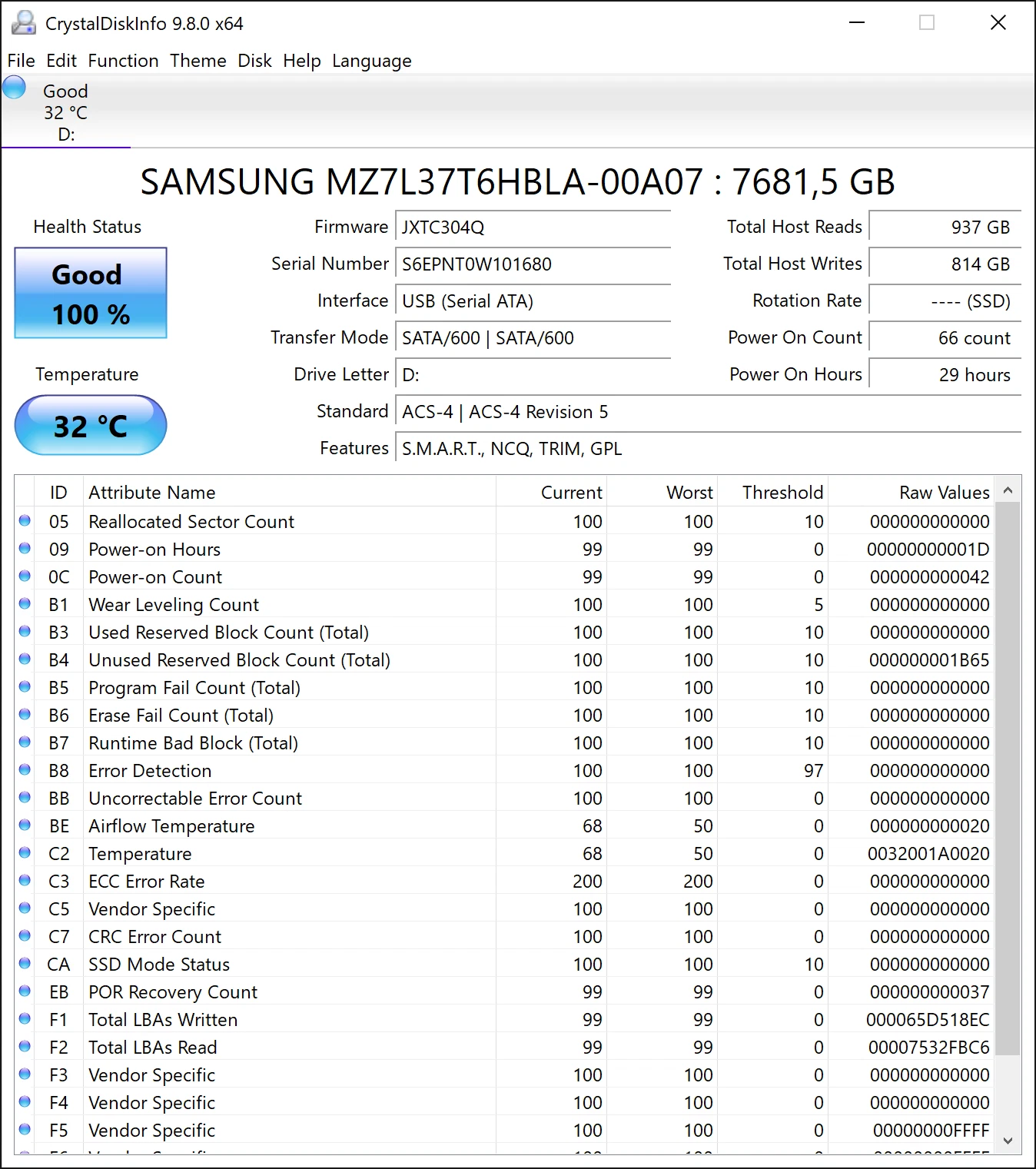 Samsung PM893 7,68TB MZ7L37T6HBLA – CrystalDiskInfo