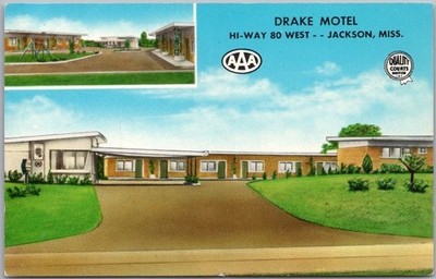 c1950s JACKSON, Mississippi Postcard ''DRAKE MOTEL'' Highway 80 Roadside / Unused