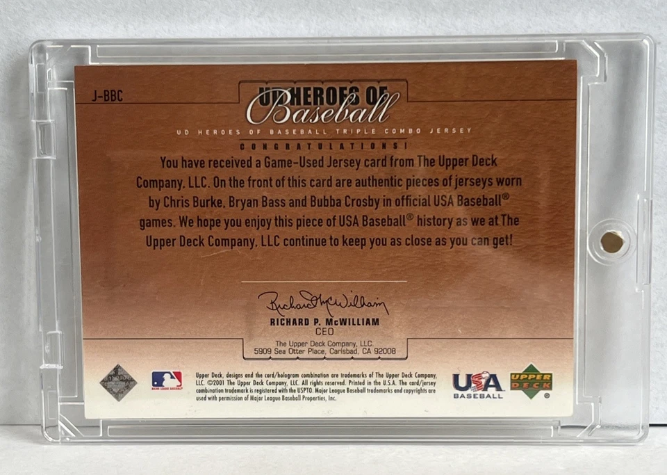 2001 Upper Deck Chris Burke Bubba Crosby Bryan Bass Buck Crouse Triple Relic - Image 2 of 2