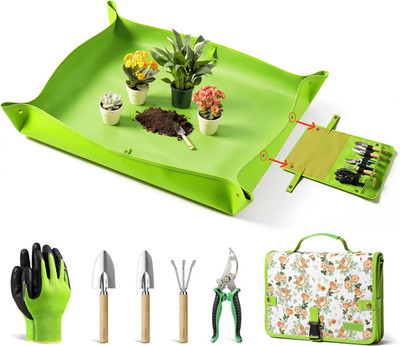 Gartengeräte-Set, 7-Teiliges Handwerkzeug-Set Mit Pflanzmatte Und Werkzeugtasche