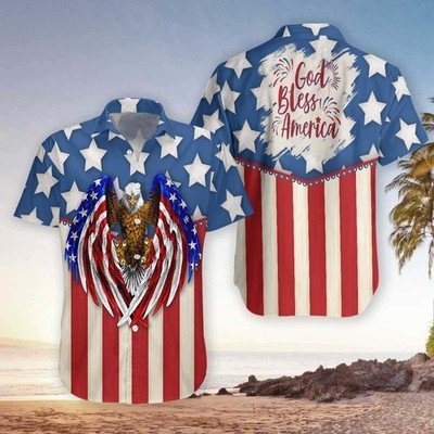 Hawaiian Aloha Shirts God Bless America 4Th Of July Eagle Hawaiian Shirt 