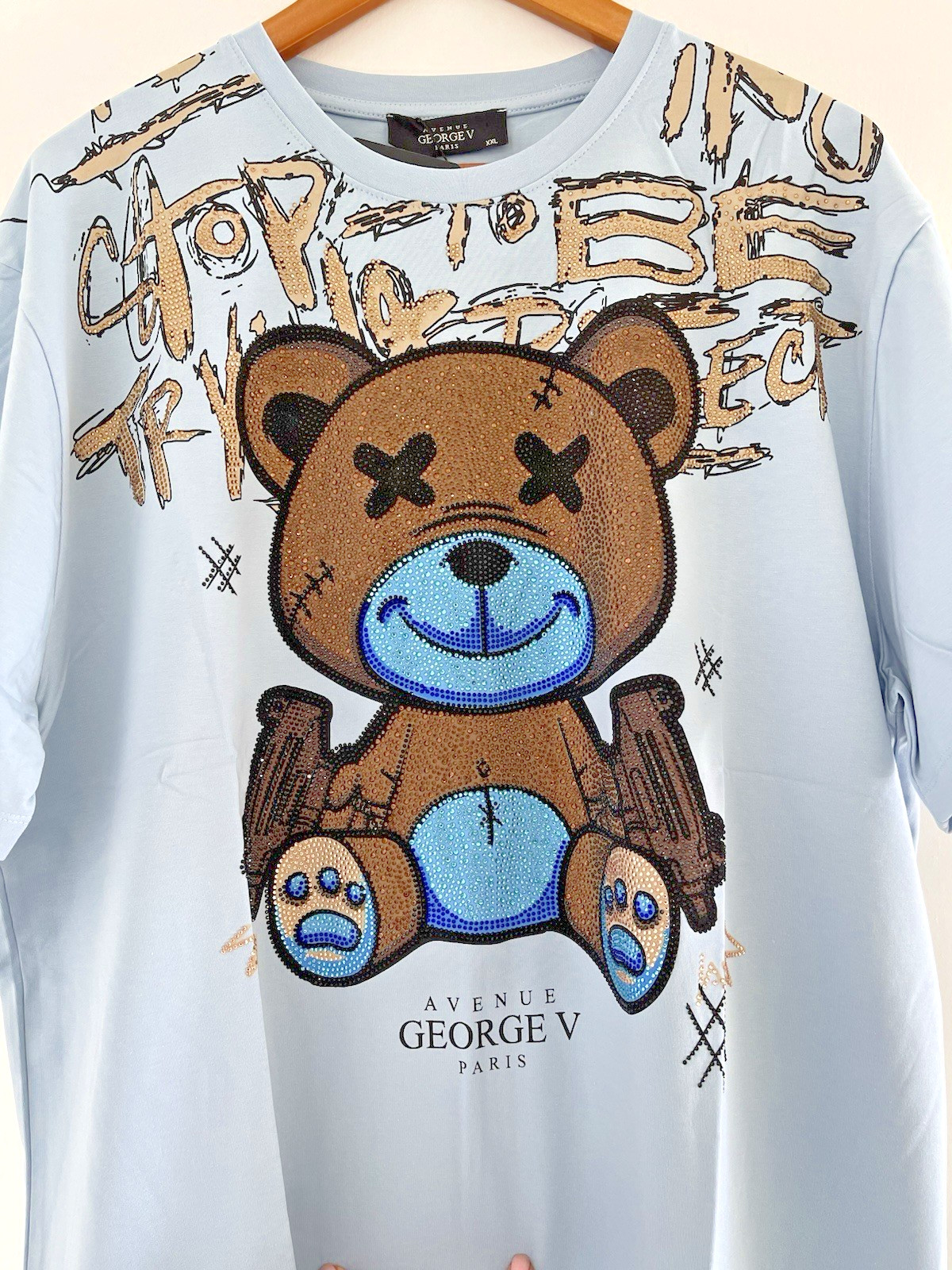 Avenue George V Paris T-Shirt Teddy Bear Rhinestone Men's Blue Tee Short Sleeve
