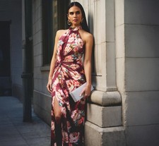 Adrianna Papell Floral Satin Twist Waist Halter Gown  Brown Multi sz 20 NWT Gala