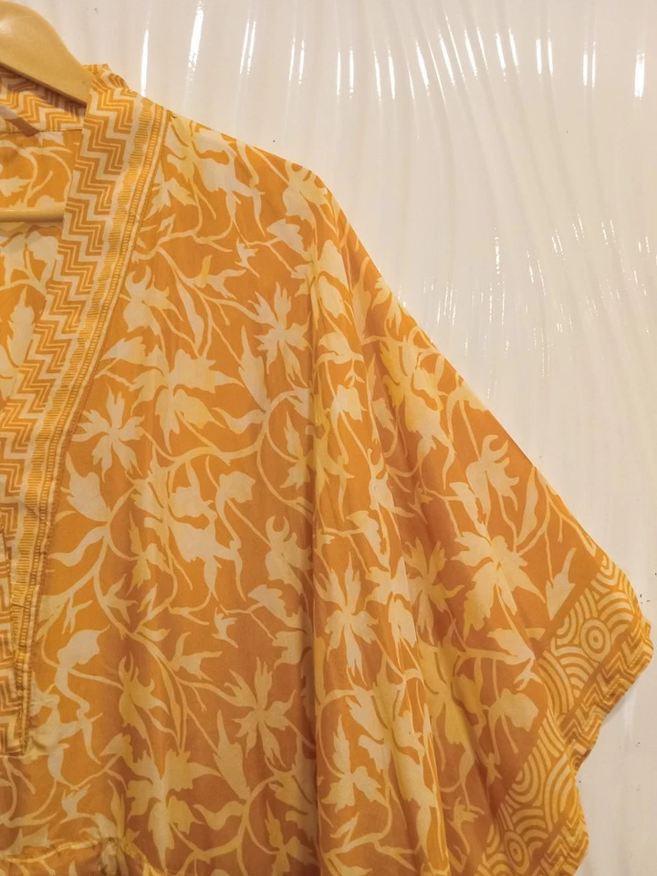 Vestido largo de seda pura caftán amarillo túnica KFN3105 Foto 4 de 4