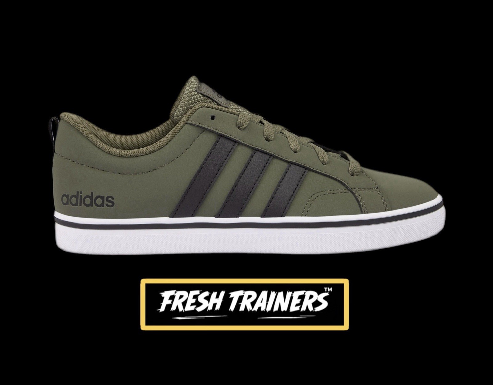 SAOLA Nuovissime scarpe da ginnastica uomo Adidas verde kaki nere righe e suola bianca prezzo consigliato £79