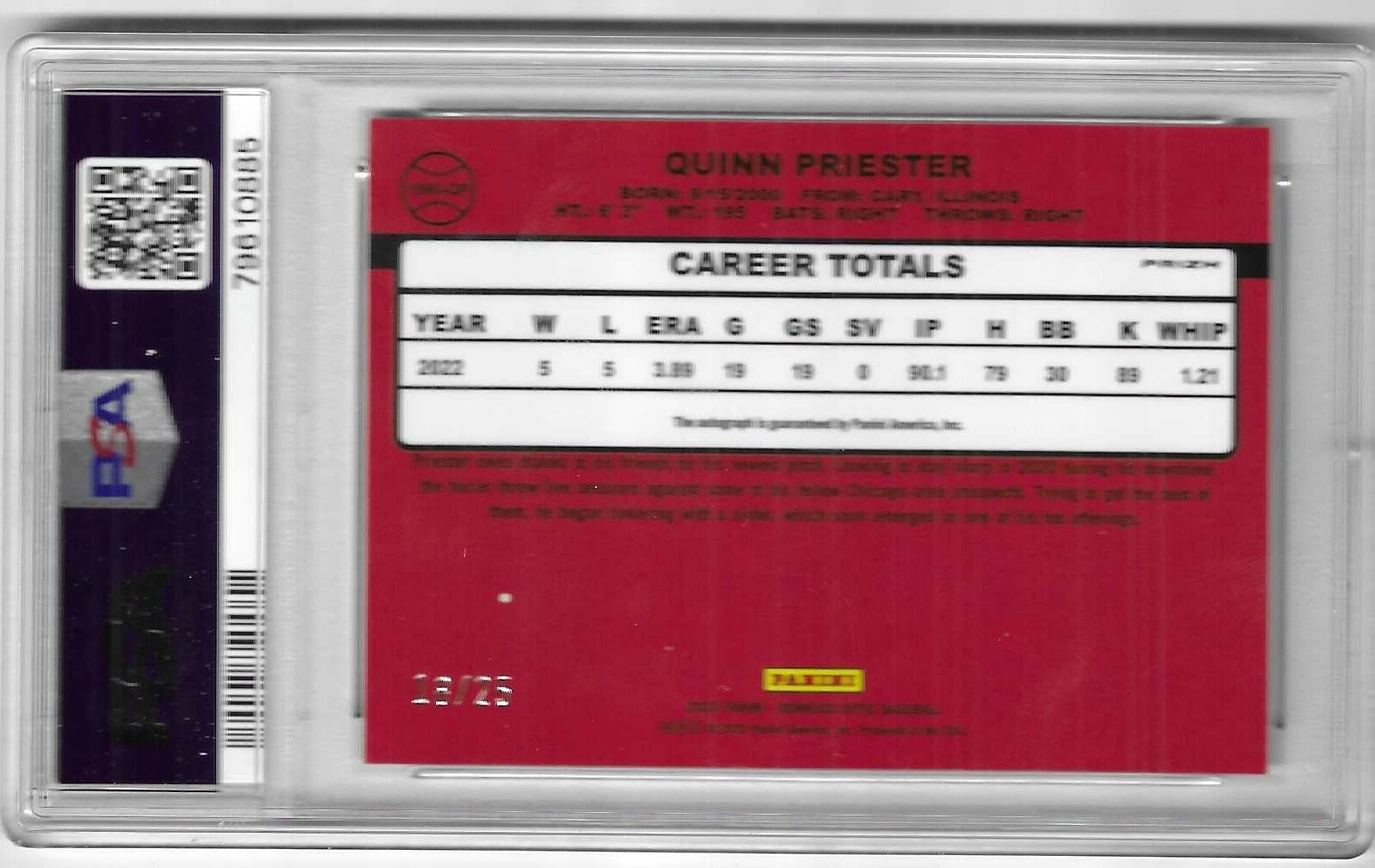 Quinn Priester 2023 DONRUSS OPTIC MLB 1990 AUTOGRAPH CARD Brewers /25 AUTO PSA 8 view 2
