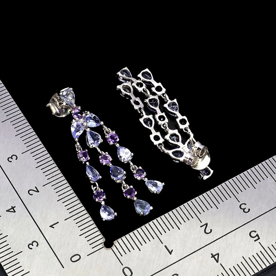 Orecchini in argento sterling 925 ovali tanzanite ametista pietre preziose... - Immagine 3 di 4