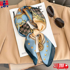 Luxury Silk Feel Square Scarf Blue Gold Chain Medallion Print Equestrian