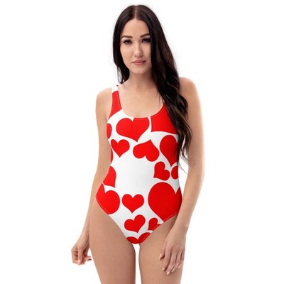 Damen Badeanzug Herz Print | Recycelt | Einteiler Sexy Scoop Neck | Beachwear