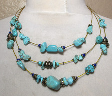 WIre Necklace Chunky Turquoise Blue Beaded Statement Necklace Multi Strand 17"