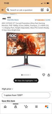 AOC C27G2Z 27'' Curved Frameless Ultra-Fast Gaming Monitor,