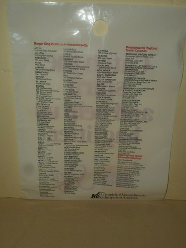 Vintage BURGER KING Car Trash Litter Bag MASSACHUSETTS Locations 1985 SPIRIT 85 - Foto 10 di 12