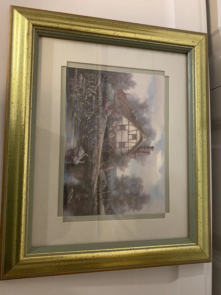 Carl Valente Print English Cottage Swans Double Matted Framed Signed 12 X 10 - Image 3 of 4