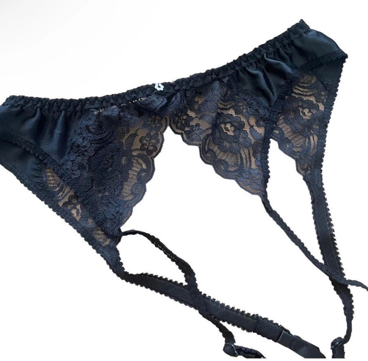 Ceinture jarretière vintage Christian Dior noire satin et dentelle taille grand style 4675