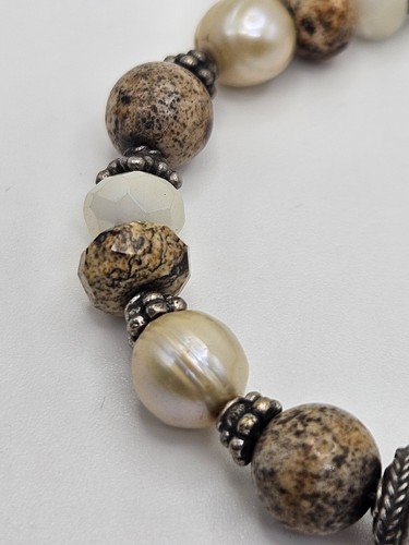 Vintage Jasper Pearl Sterling Silver Toggle Clasp Beaded Bracelet - Picture 4 of 11