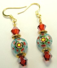 Earrings with Round Millifiori Red Yellow Flowers  Red Crystal Handmade