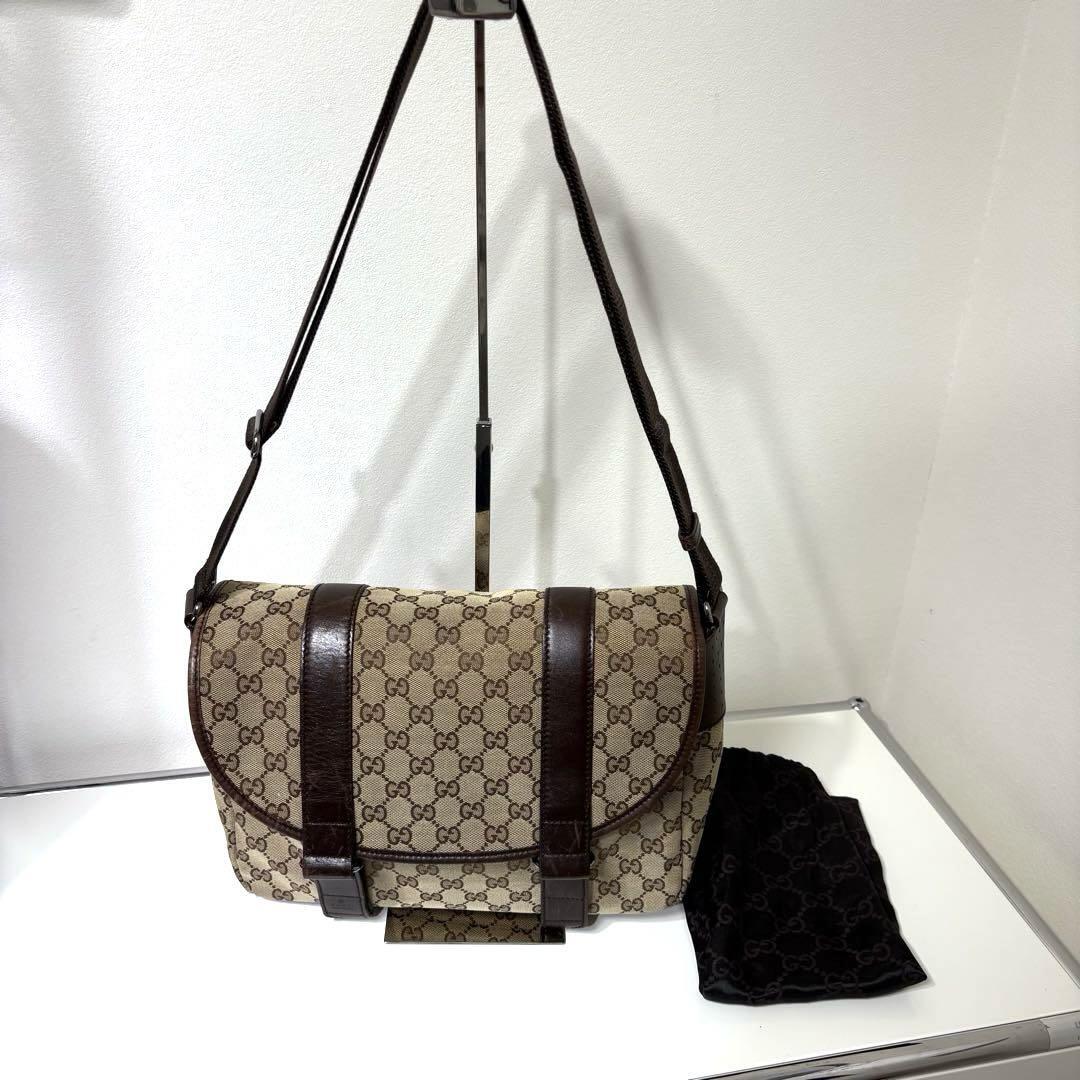 GUCCI GG Supreme Shoulder Bag Beige Brown Canvas PVC Leather Pre-Owned