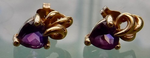 Heart-Shaped Purple Amethyst Stud Earrings P10K Yellow Gold Filigree - Picture 9 of 10