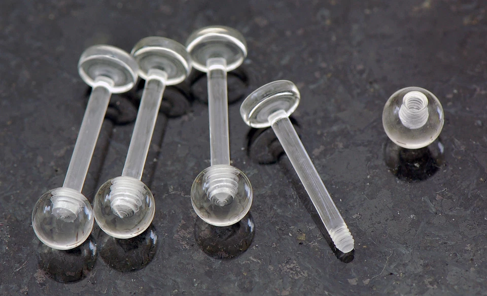 4 Pc Clear Acrylic 14g 1/2" SHORT LENGTH 4mm Ball Tongue Rings Retainer No Metal - Image 2 of 3