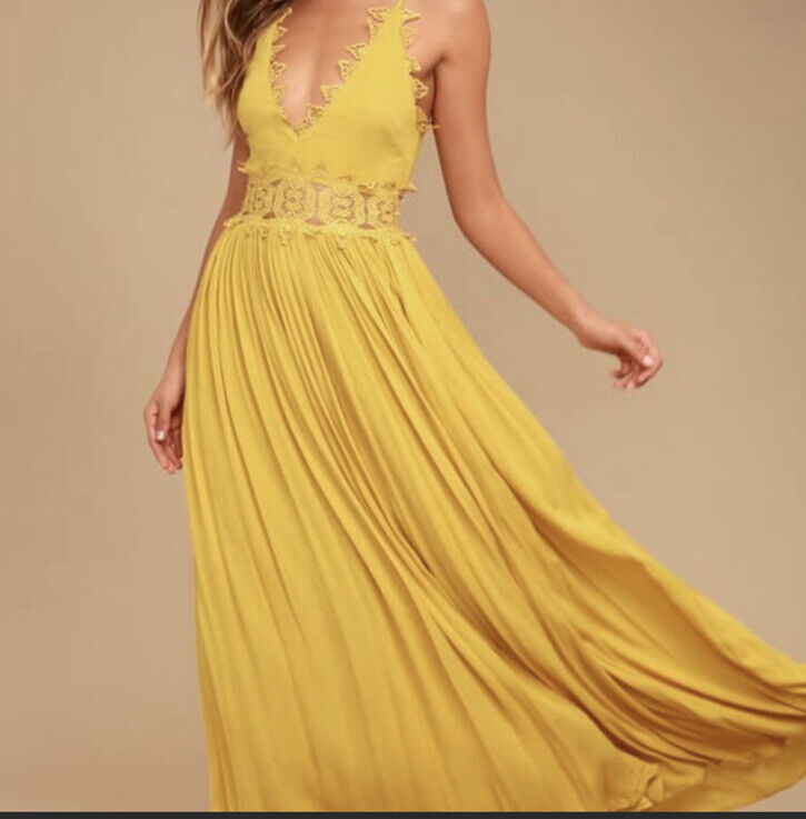 Lulus This Is Love Maxi Dress Medium Yellow Lace … - image 1