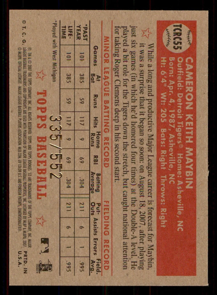2007 Topps '52 Chrome Refractors #55 Cameron Maybin /552 - Image 2 of 2