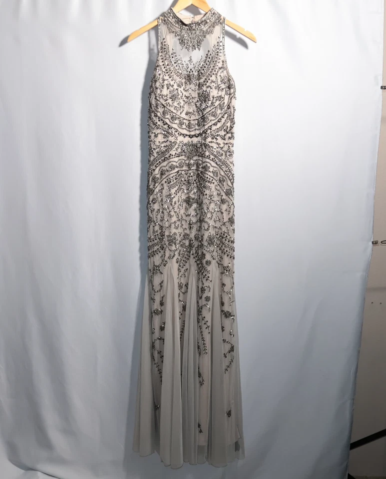 Vestido Godet de malla con cuentas Aidan Mattox 8 NUEVO rubor champán cuello falso espalda abierta Foto 3 de 4