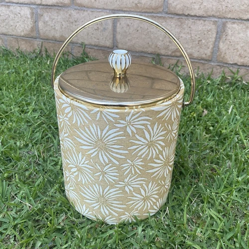 Vintage West Bend MCM Bar ware Ice Bucket Gold White Daisies Hollywood Regency