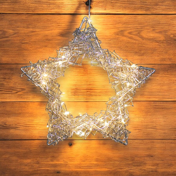 Led Draht Stern 30Cm - Silber - Weihnachten HäNge Fenster Deko Timer Batterie-image