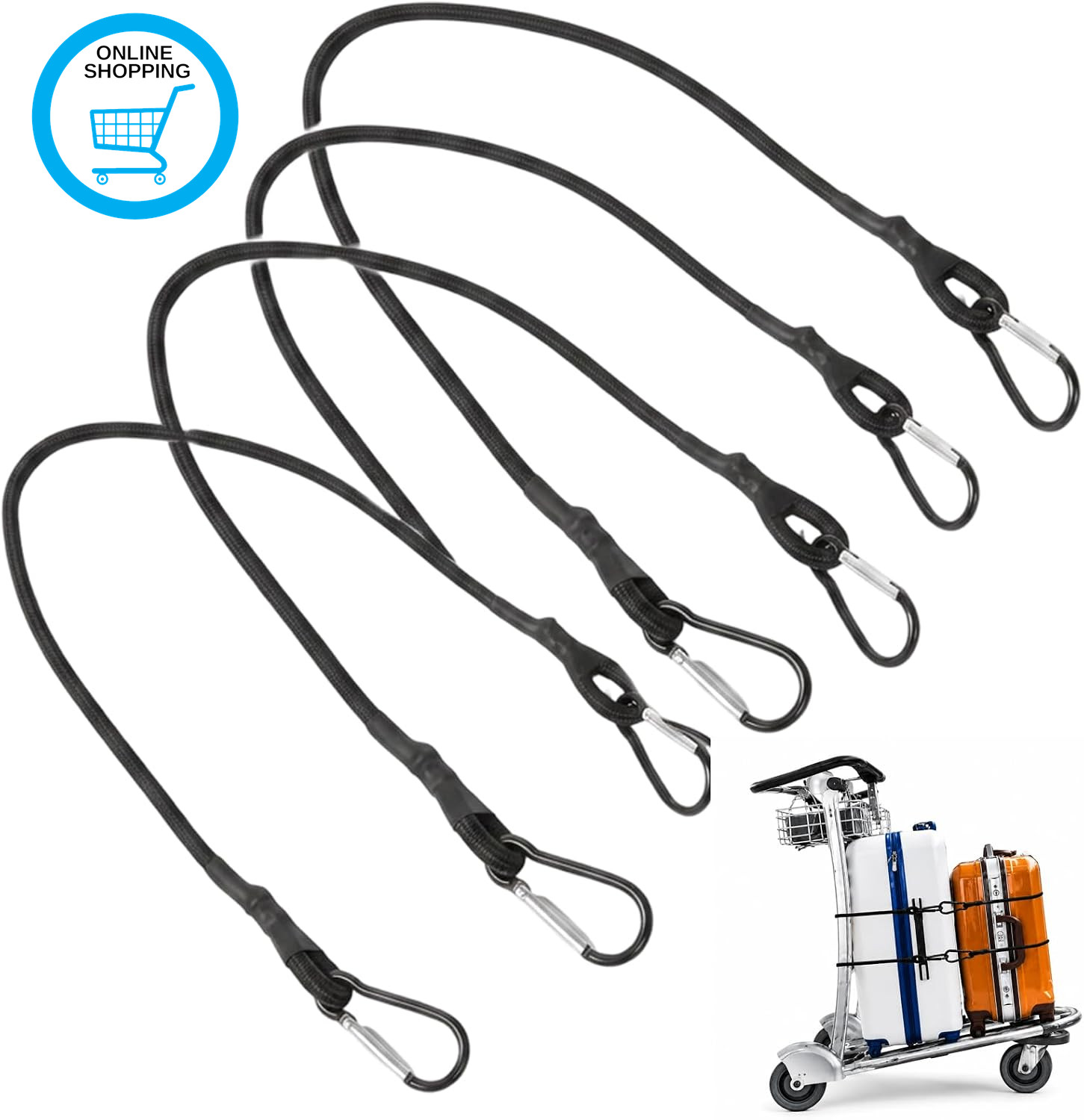 4 Pack Bungee Cords with Carabiner Clips, 60Cm Black Bungee Straps with Hooks, H