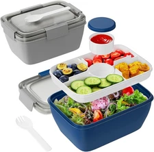 Freshmage Salad Lunch Container To Go, 2 Packs 68oz Large Bowls with 4 Compartme