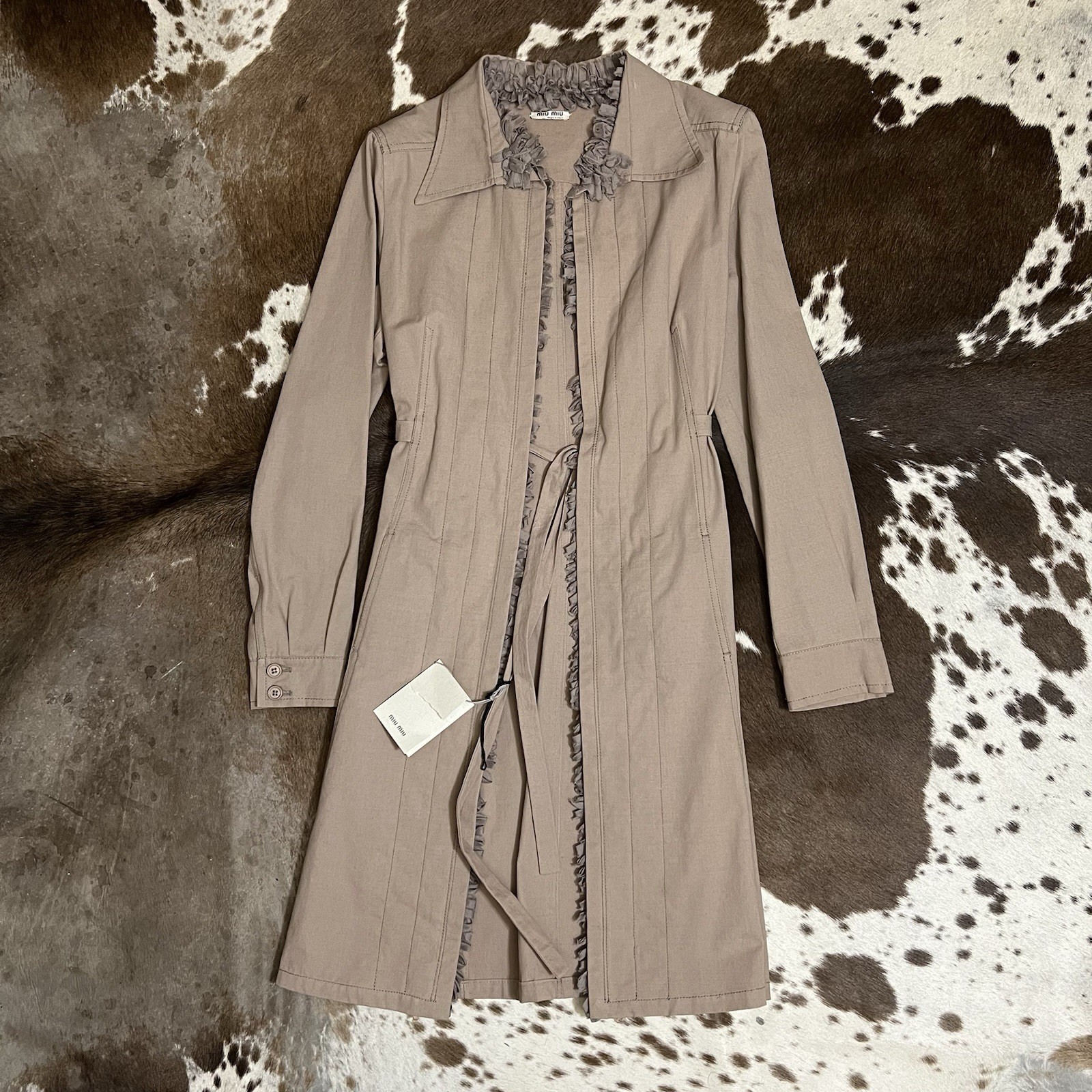 NWT Vintage 2000s Miu Miu Tan Ruffle Trench Coat Size 44