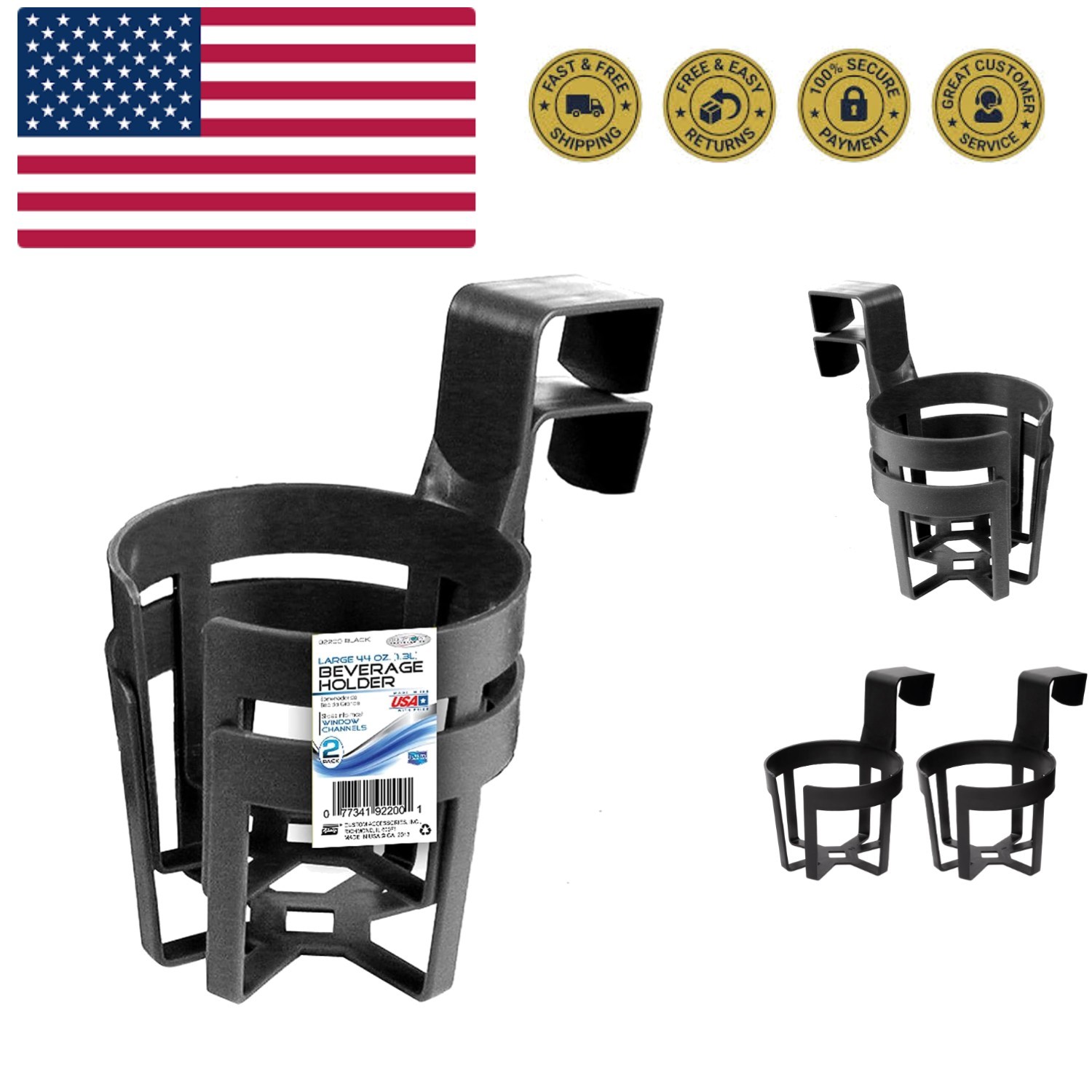 92200 Large Plastic Cup Holders, Black, Pack of 2