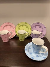 Lot Of 8 Rosanna Pastel Polka Dot (4) Coffee Mugs and (4) Dessert Plates.